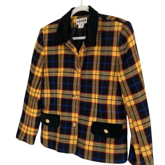 Vintage 90s Joan Leslie Yellow Black Tartan Wool Twill Velvet Blazer Size Medium - Picture 16 of 16